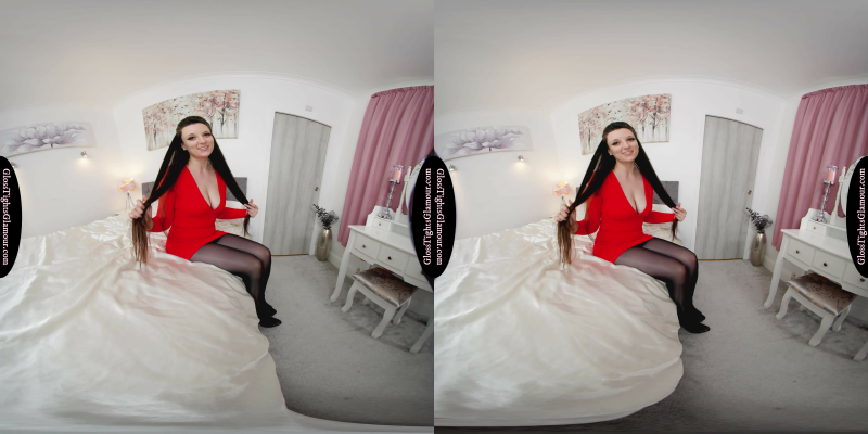 Ivy Rain In Red Dress With Black Glossy Legwear - Image 1